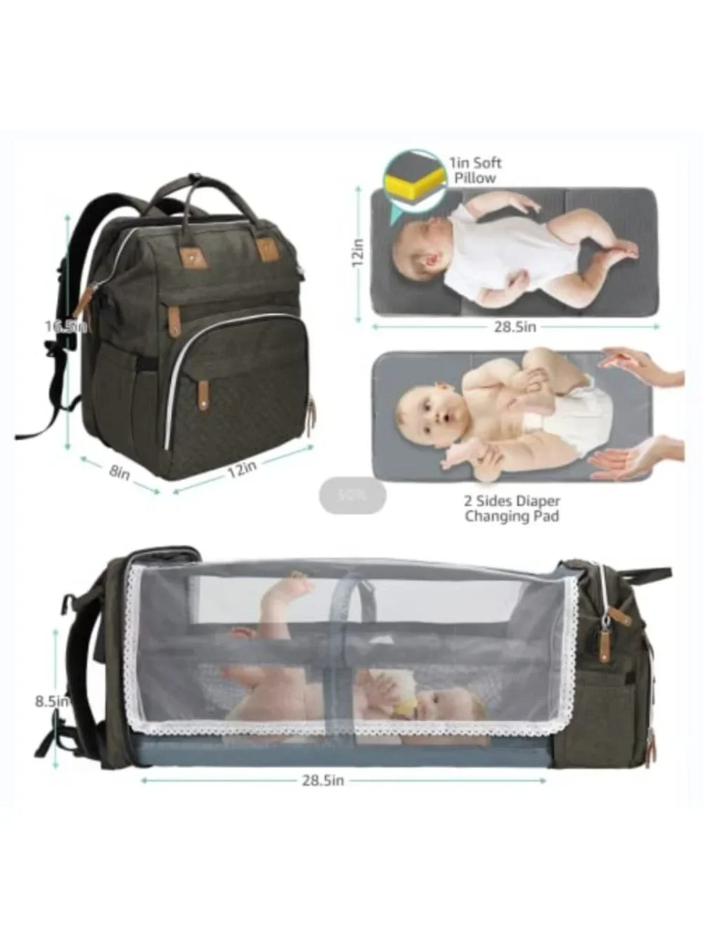 Large Waterproof Diaper Bag Backpack with Changing Pad & USB Port